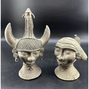 Vintage Dhokra (Dokra) Tribal Female & Male Brass Bust Sculpture, India 9" Pair